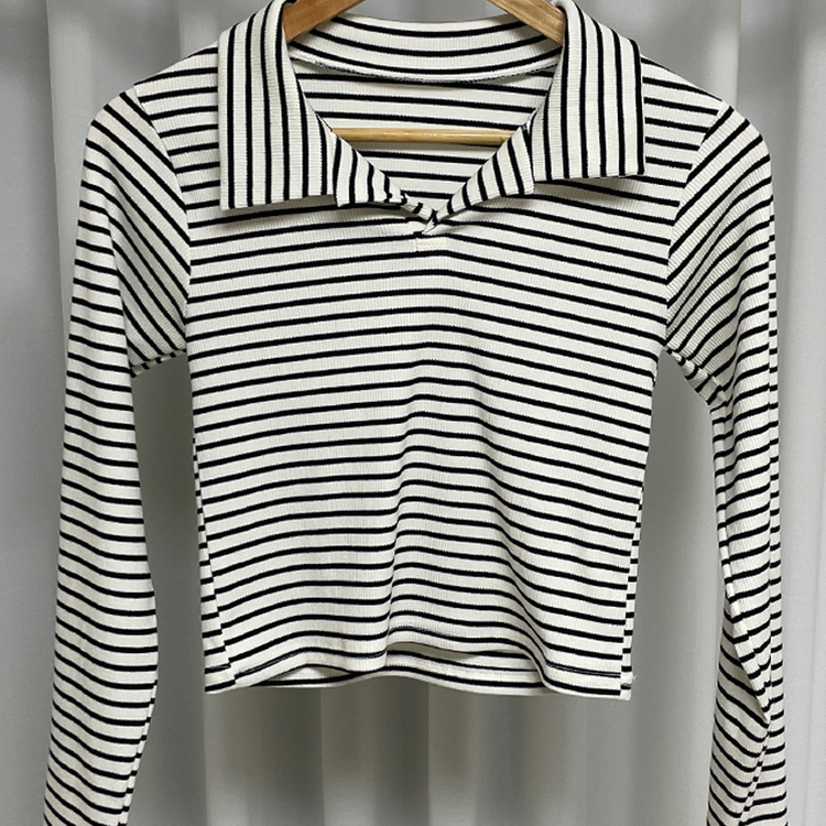 ストライプクロップオープンカラー長袖Tシャツ