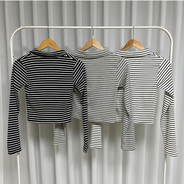ストライプクロップオープンカラー長袖Tシャツ