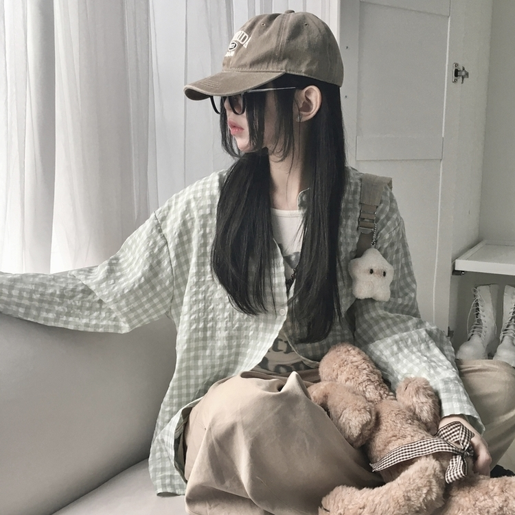 청량 스파클링 바스락 오버핏 루즈핏 체크 셔츠 남방 여름아우터 봄 셔츠 그린