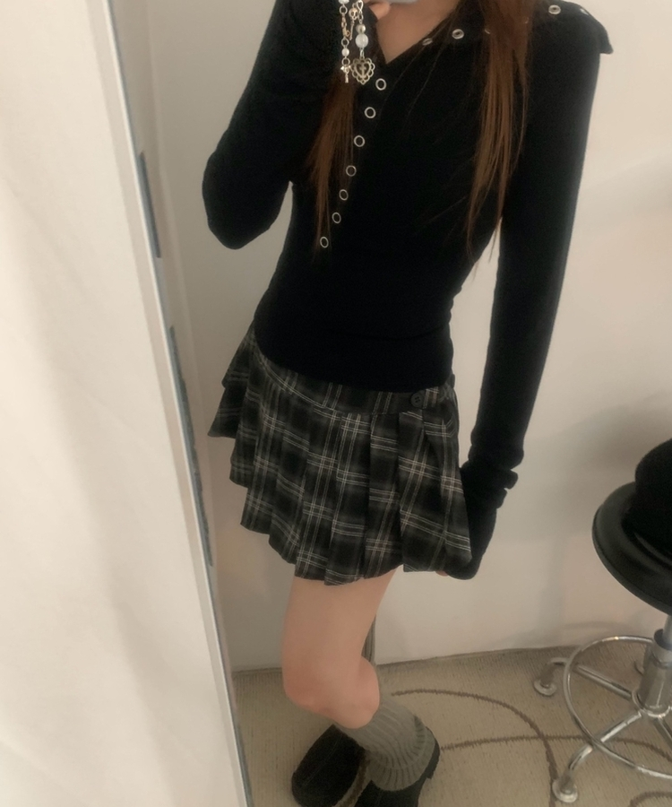pium ハートボタンニット フロントボタンチェックプリーツミニスカート