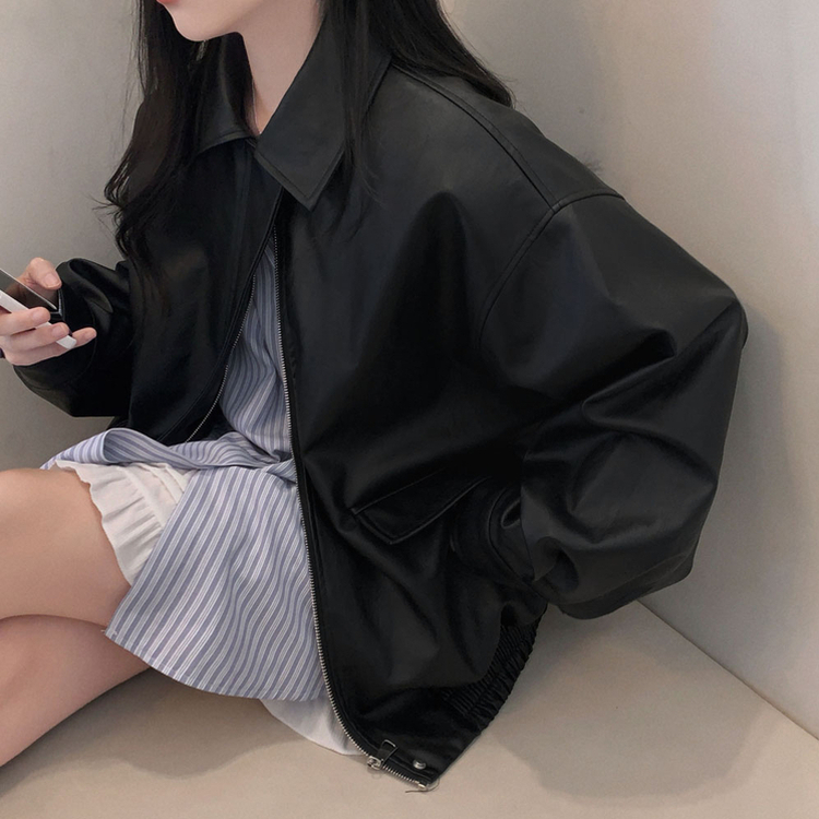 매트 레더의 정석오버핏 레더 블루종 자켓 점퍼 블랙