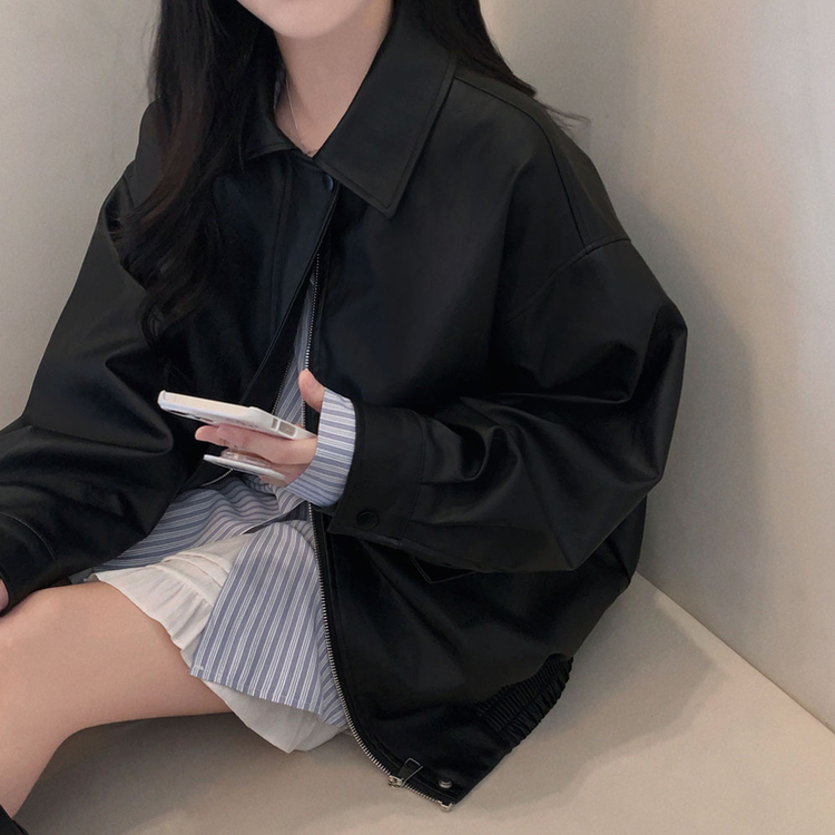 매트 레더의 정석오버핏 레더 블루종 자켓 점퍼 블랙