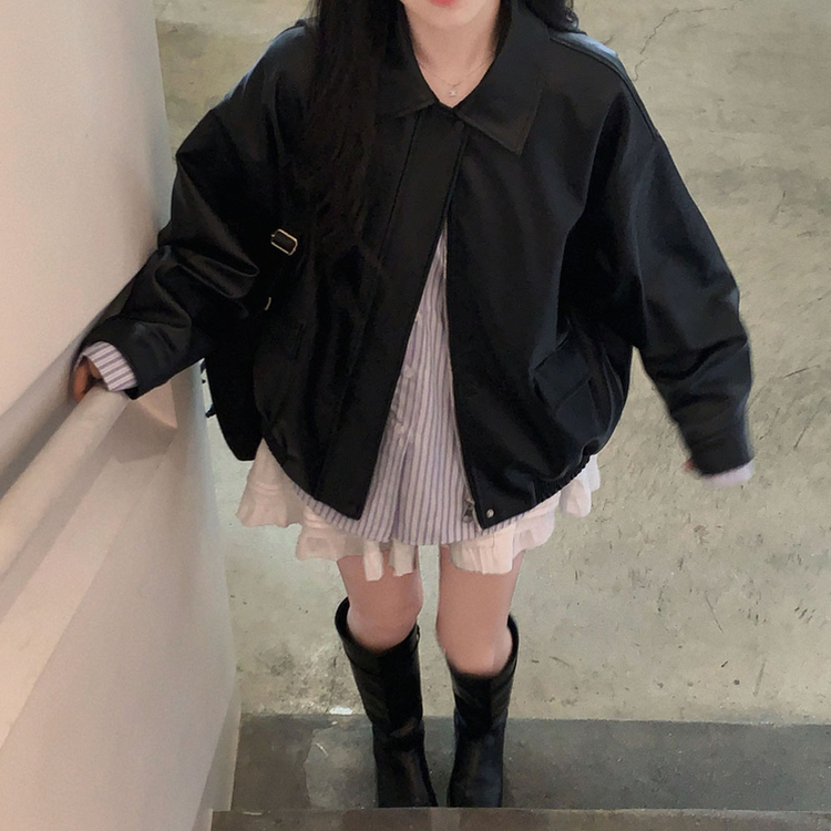 매트 레더의 정석오버핏 레더 블루종 자켓 점퍼 블랙