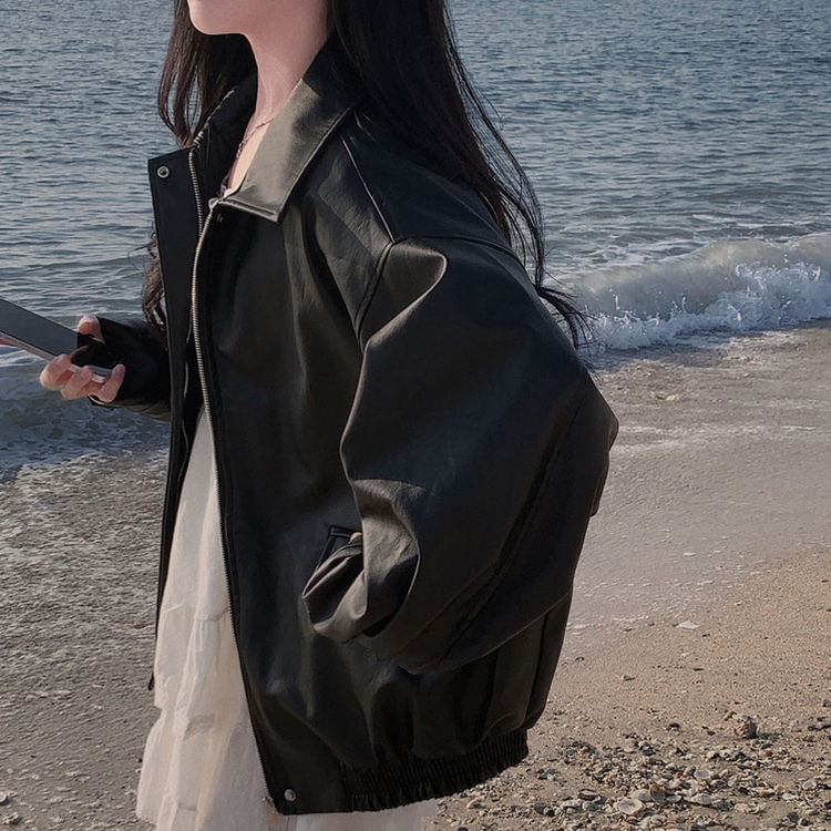 매트 레더의 정석오버핏 레더 블루종 자켓 점퍼 블랙