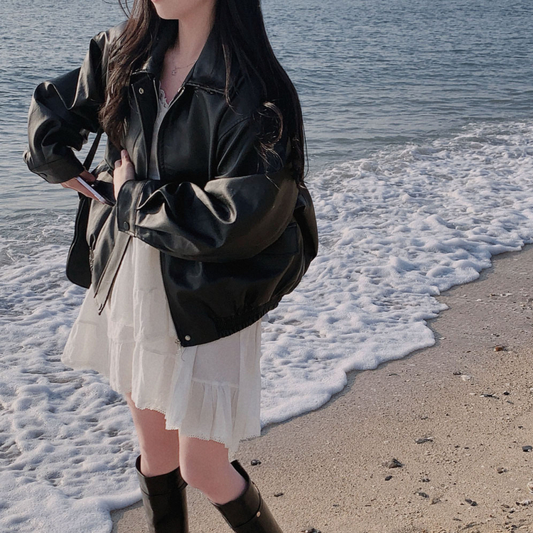 매트 레더의 정석오버핏 레더 블루종 자켓 점퍼 블랙