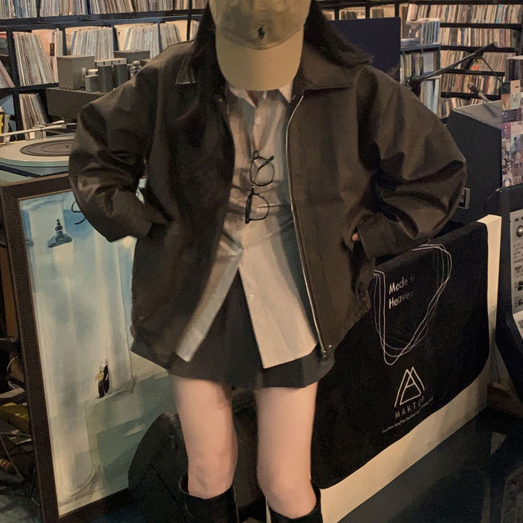 매트 레더의 정석오버핏 레더 블루종 자켓 점퍼 브라운