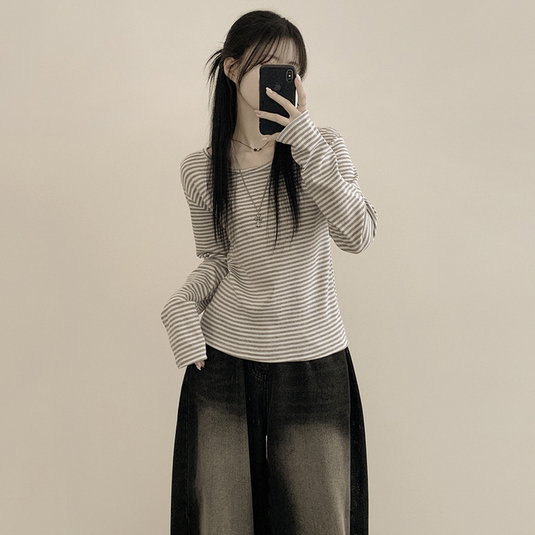 힙 단가라 라운드 유넥 스트라이프 랍빠 루즈핏 긴팔티셔츠 레이어드템 그레이