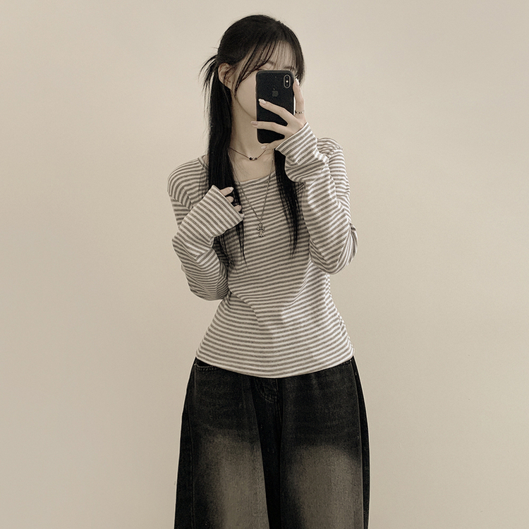 힙 단가라 라운드 유넥 스트라이프 랍빠 루즈핏 긴팔티셔츠 레이어드템 그레이