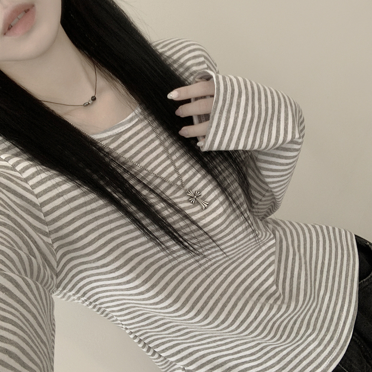 힙 단가라 라운드 유넥 스트라이프 랍빠 루즈핏 긴팔티셔츠 레이어드템 그레이