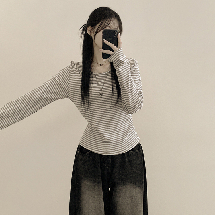 힙 단가라 라운드 유넥 스트라이프 랍빠 루즈핏 긴팔티셔츠 레이어드템 그레이