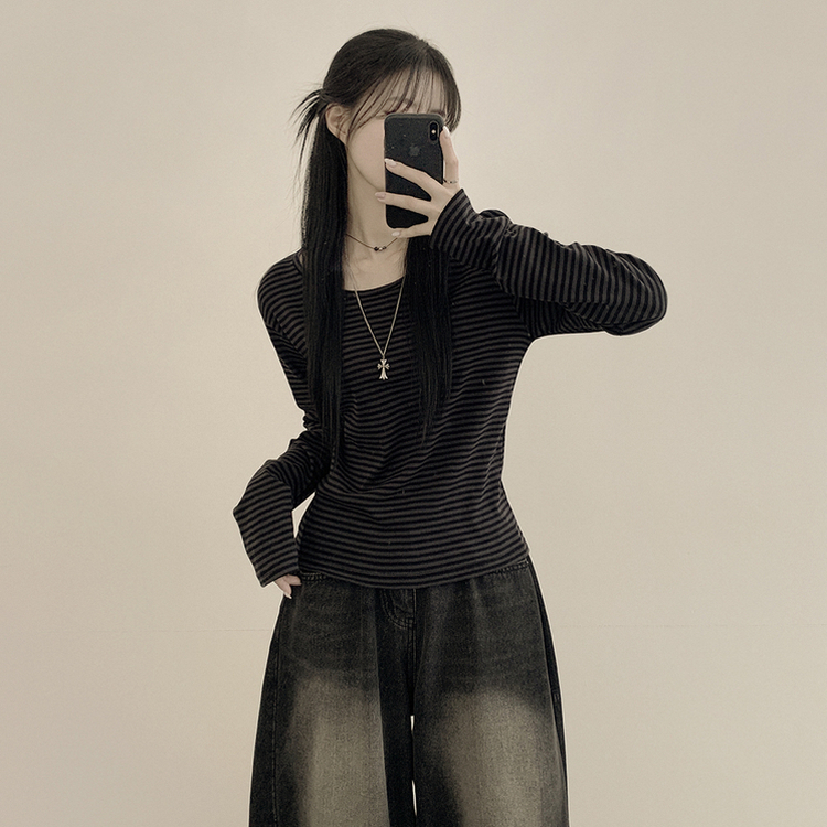 힙 단가라 라운드 유넥 스트라이프 랍빠 루즈핏 긴팔티셔츠 레이어드템 먹색