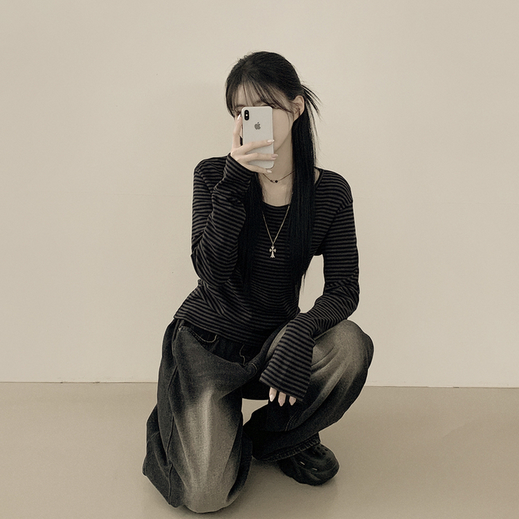 힙 단가라 라운드 유넥 스트라이프 랍빠 루즈핏 긴팔티셔츠 레이어드템 먹색