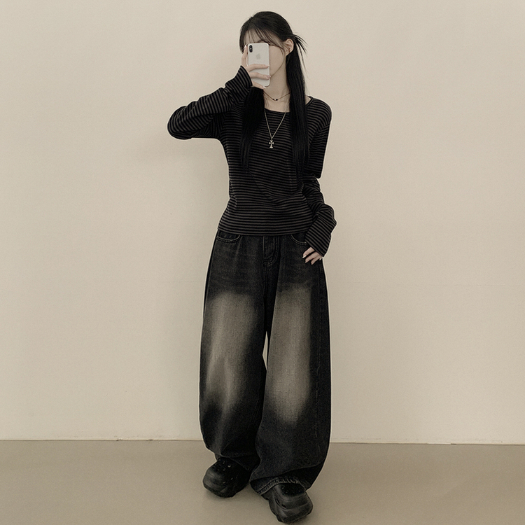 힙 단가라 라운드 유넥 스트라이프 랍빠 루즈핏 긴팔티셔츠 레이어드템 먹색