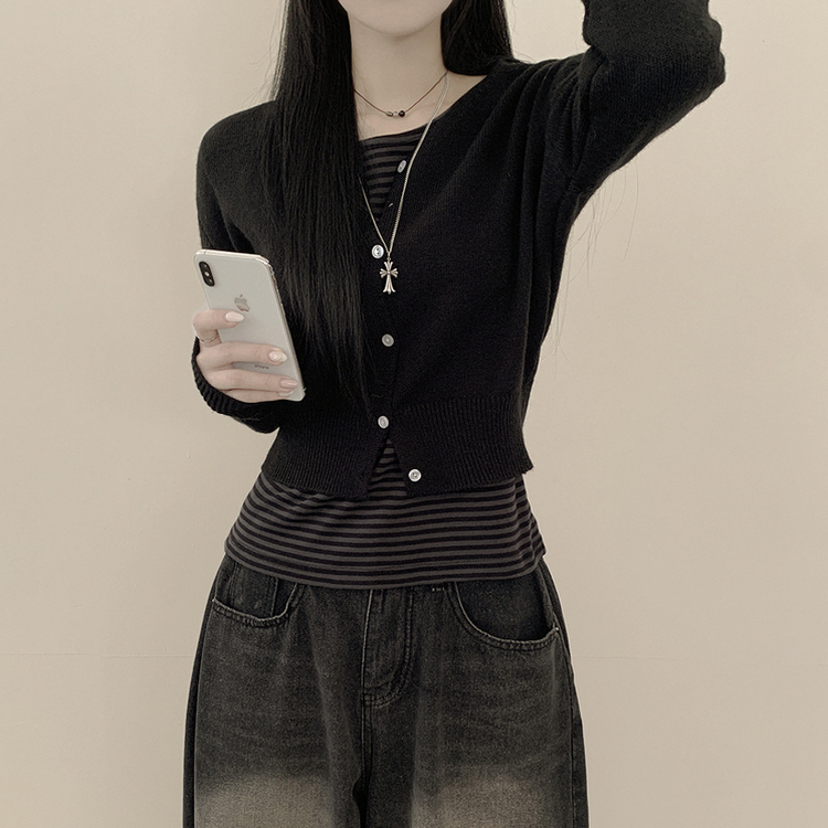 힙 단가라 라운드 유넥 스트라이프 랍빠 루즈핏 긴팔티셔츠 레이어드템 먹색