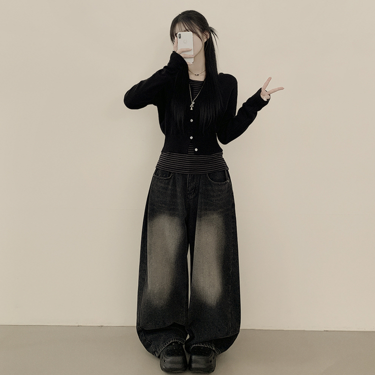 힙 단가라 라운드 유넥 스트라이프 랍빠 루즈핏 긴팔티셔츠 레이어드템 먹색