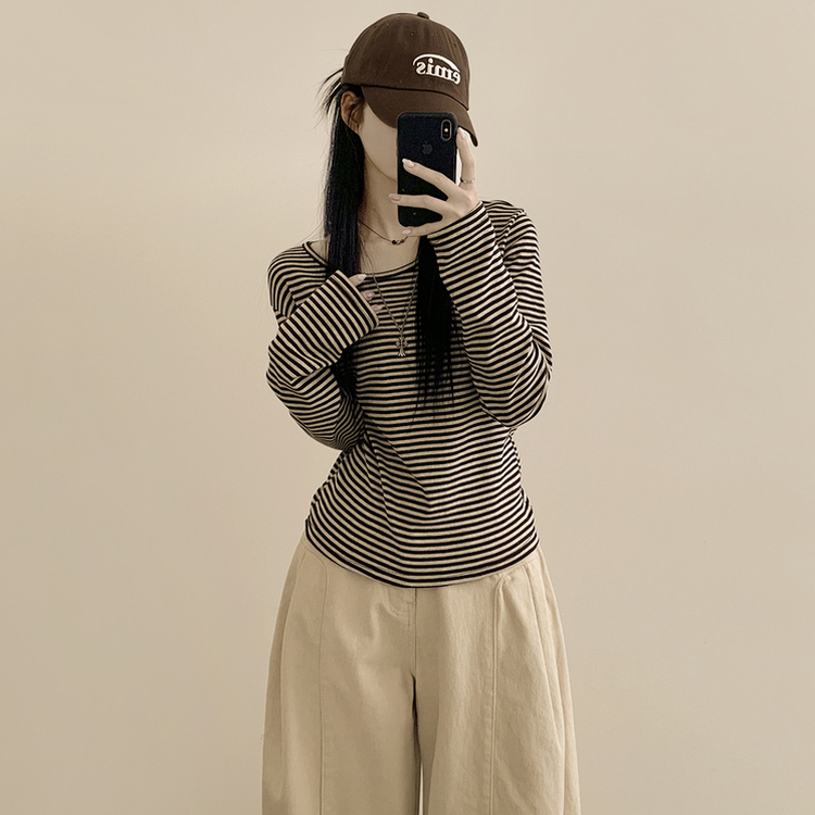 힙 단가라 라운드 유넥 스트라이프 랍빠 루즈핏 긴팔티셔츠 레이어드템 밤색