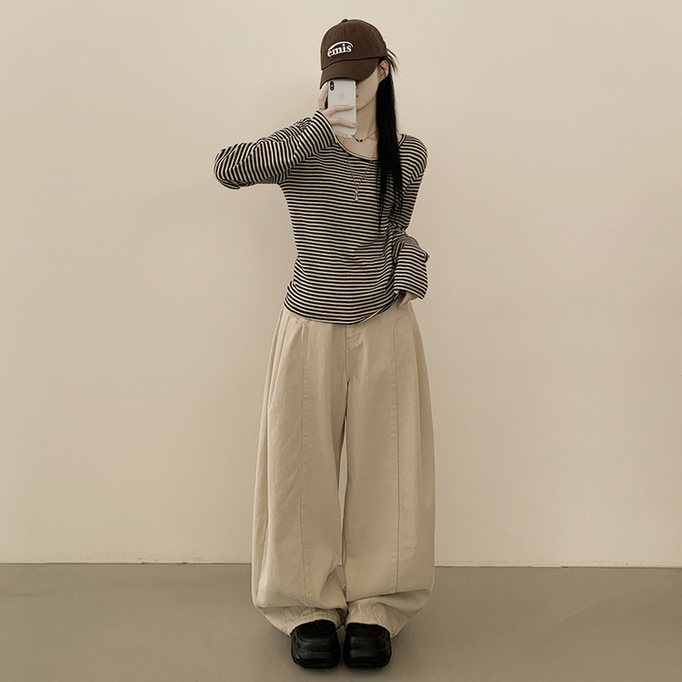 힙 단가라 라운드 유넥 스트라이프 랍빠 루즈핏 긴팔티셔츠 레이어드템 밤색