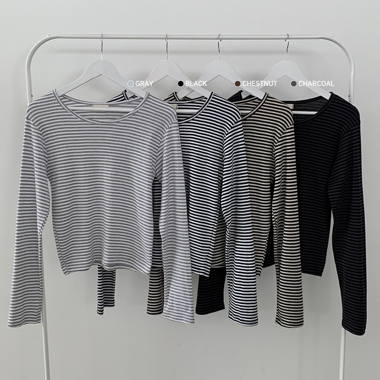 힙 단가라 라운드 유넥 스트라이프 랍빠 루즈핏 긴팔티셔츠 레이어드템