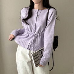 올타임 입술넥 허리끈 리본 니트 가디건 퍼플