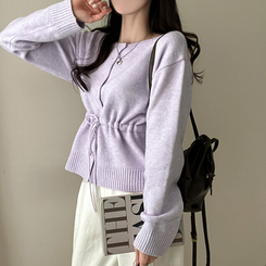 올타임 입술넥 허리끈 리본 니트 가디건 퍼플