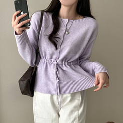 올타임 입술넥 허리끈 리본 니트 가디건 퍼플