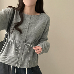 올타임 입술넥 허리끈 리본 니트 가디건 그레이