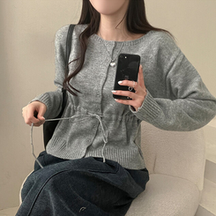 올타임 입술넥 허리끈 리본 니트 가디건 그레이