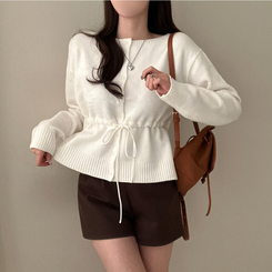 올타임 입술넥 허리끈 리본 니트 가디건 아이보리