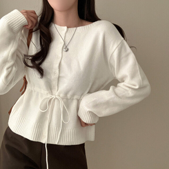 올타임 입술넥 허리끈 리본 니트 가디건 아이보리