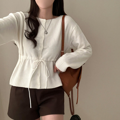 올타임 입술넥 허리끈 리본 니트 가디건 아이보리