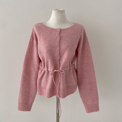 올타임 입술넥 허리끈 리본 니트 가디건