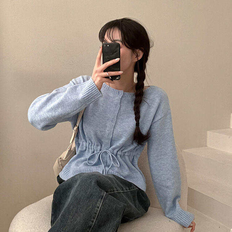 올타임 입술넥 허리끈 리본 니트 가디건 소라