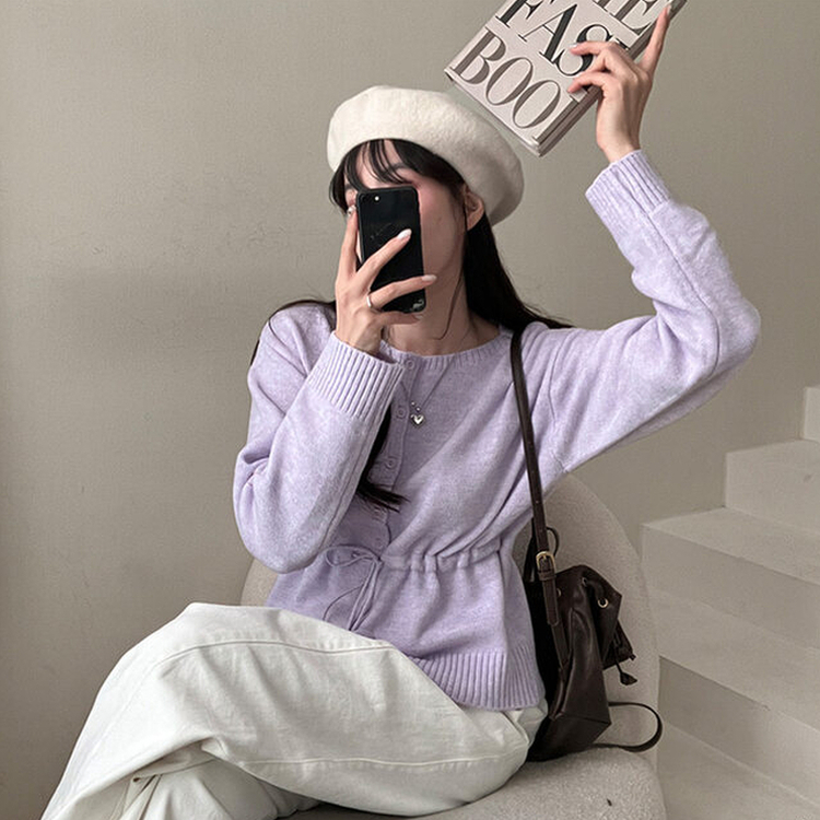 올타임 입술넥 허리끈 리본 니트 가디건 퍼플