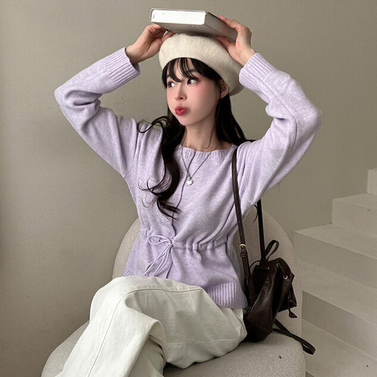 올타임 입술넥 허리끈 리본 니트 가디건 퍼플