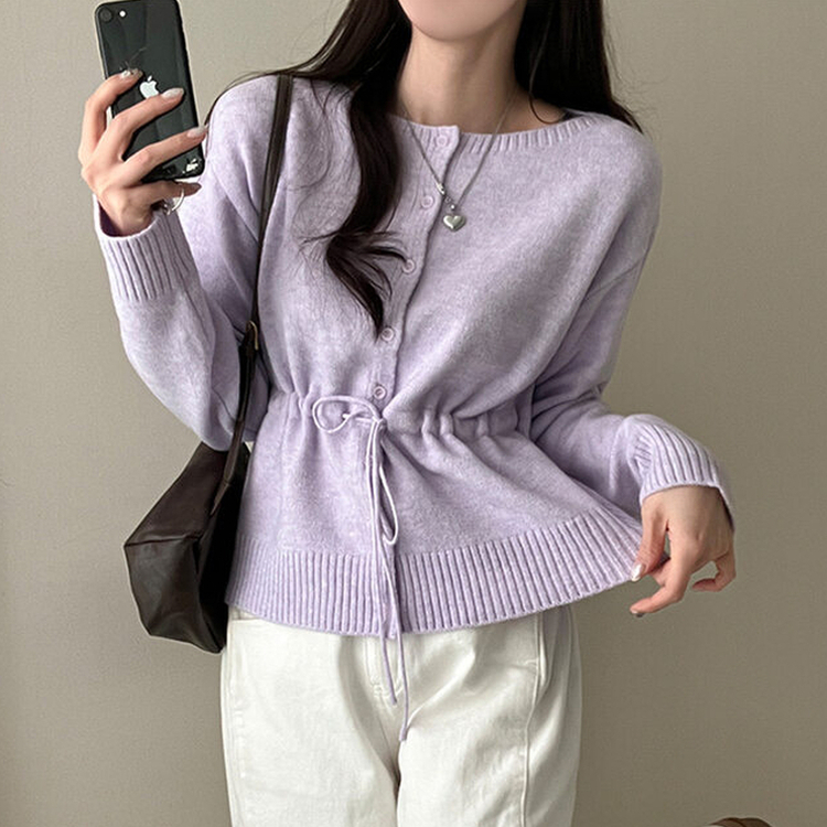 올타임 입술넥 허리끈 리본 니트 가디건 퍼플