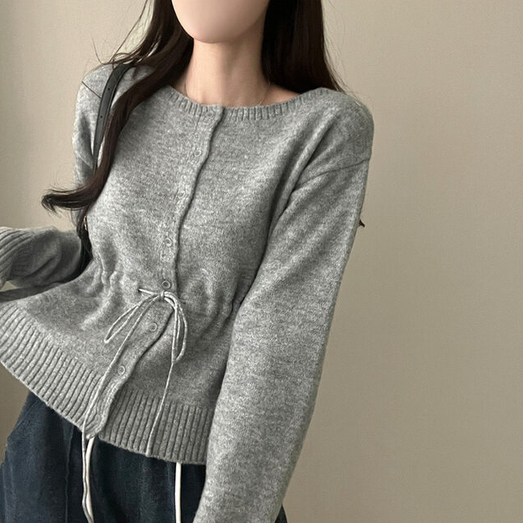 올타임 입술넥 허리끈 리본 니트 가디건 그레이