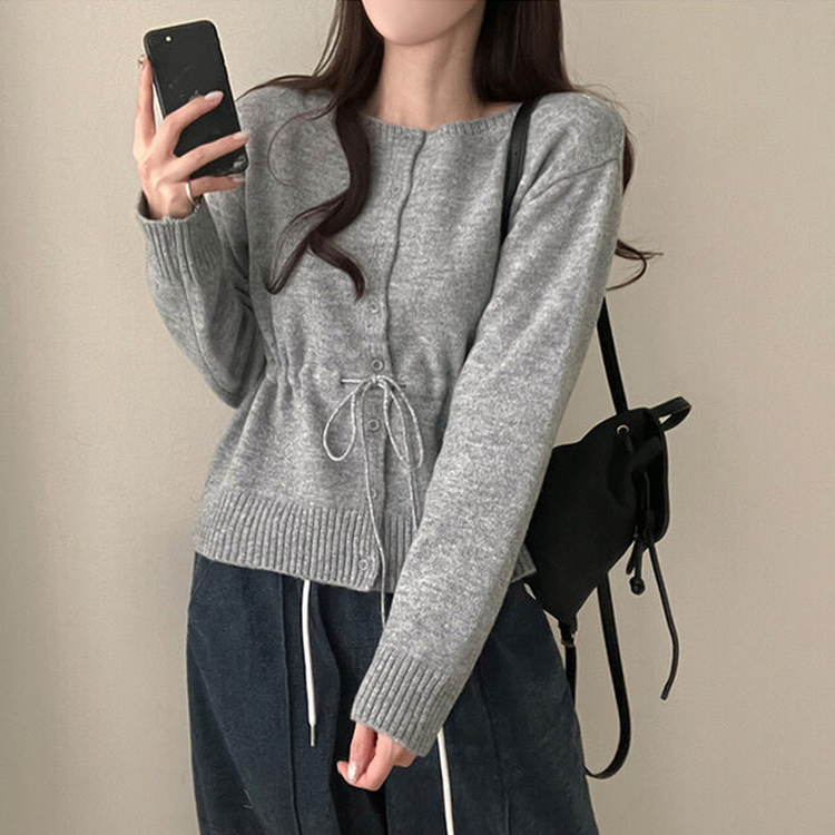 올타임 입술넥 허리끈 리본 니트 가디건 그레이