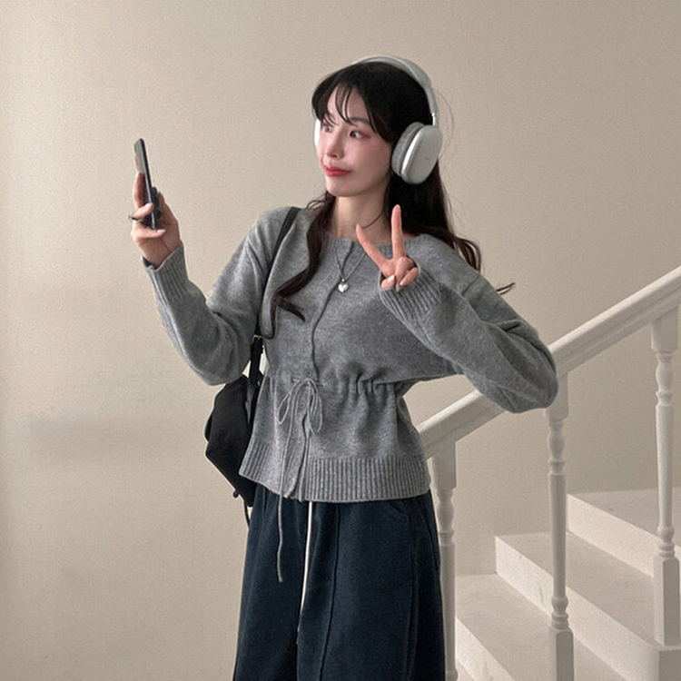 올타임 입술넥 허리끈 리본 니트 가디건 그레이