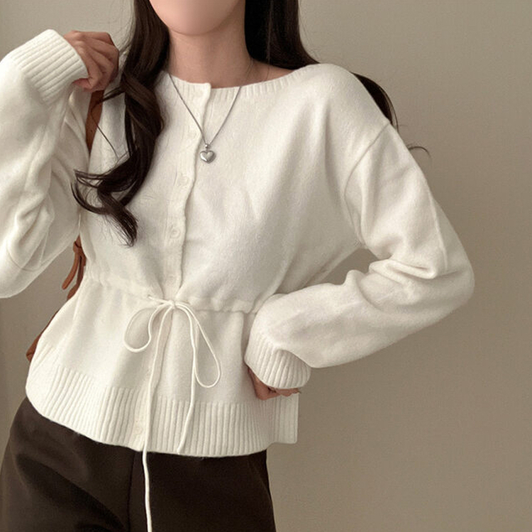올타임 입술넥 허리끈 리본 니트 가디건 아이보리