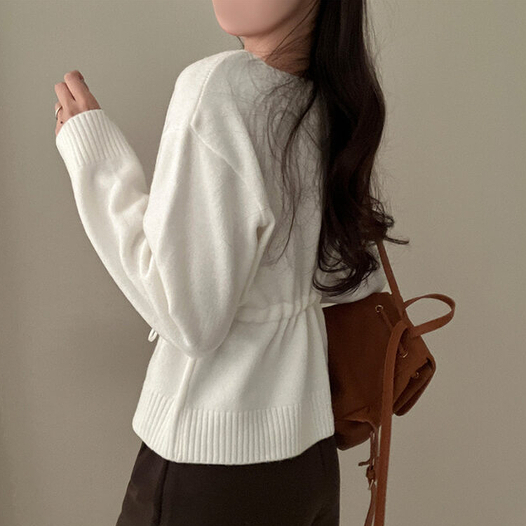 올타임 입술넥 허리끈 리본 니트 가디건 아이보리