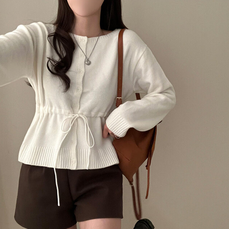 올타임 입술넥 허리끈 리본 니트 가디건 아이보리