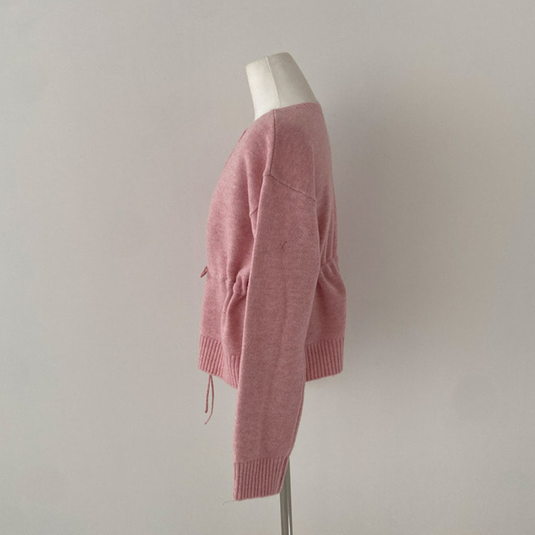 올타임 입술넥 허리끈 리본 니트 가디건