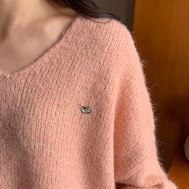 (華奢見え/ペンダントポイント) Ponia 杢調バルーンクロップVネックニット PINK