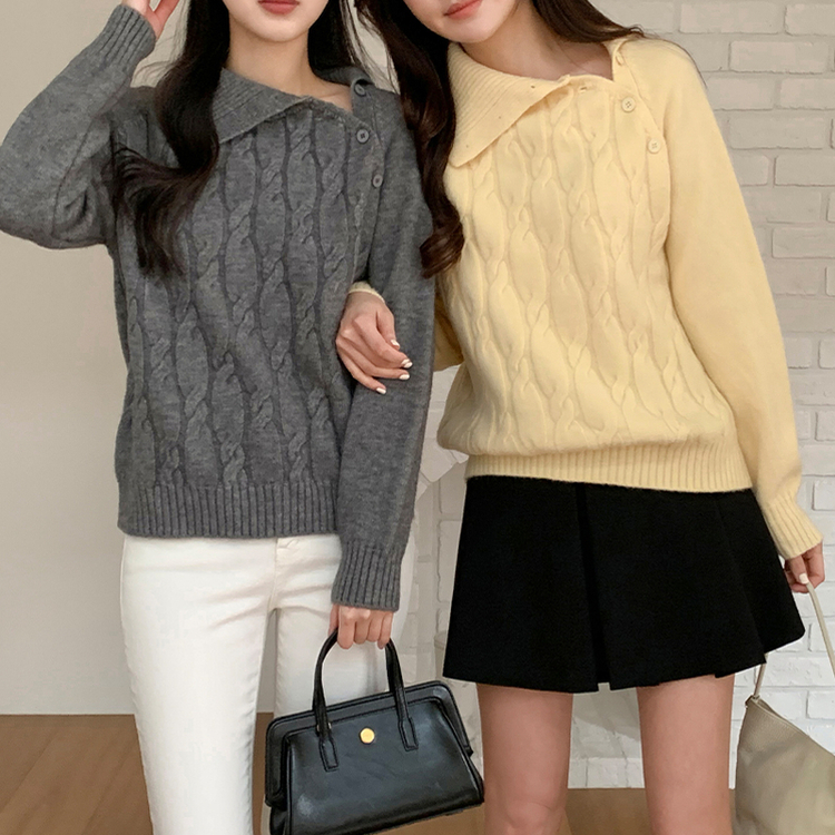 (2way/ワンショルダー＆カラーネック/彼女ルック) Ofnit ネック斜めボタンケーブルニット YELLOW