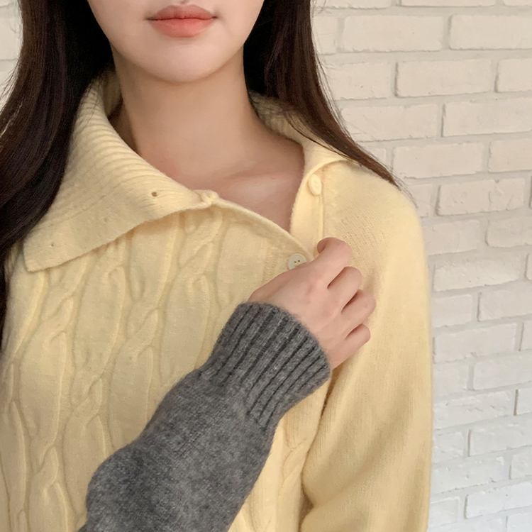 (2way/ワンショルダー＆カラーネック/彼女ルック) Ofnit ネック斜めボタンケーブルニット YELLOW