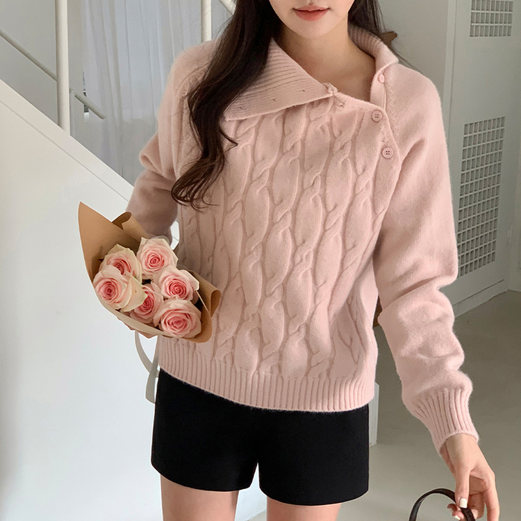 (2way/ワンショルダー＆カラーネック/彼女ルック) Ofnit ネック斜めボタンケーブルニット PINK