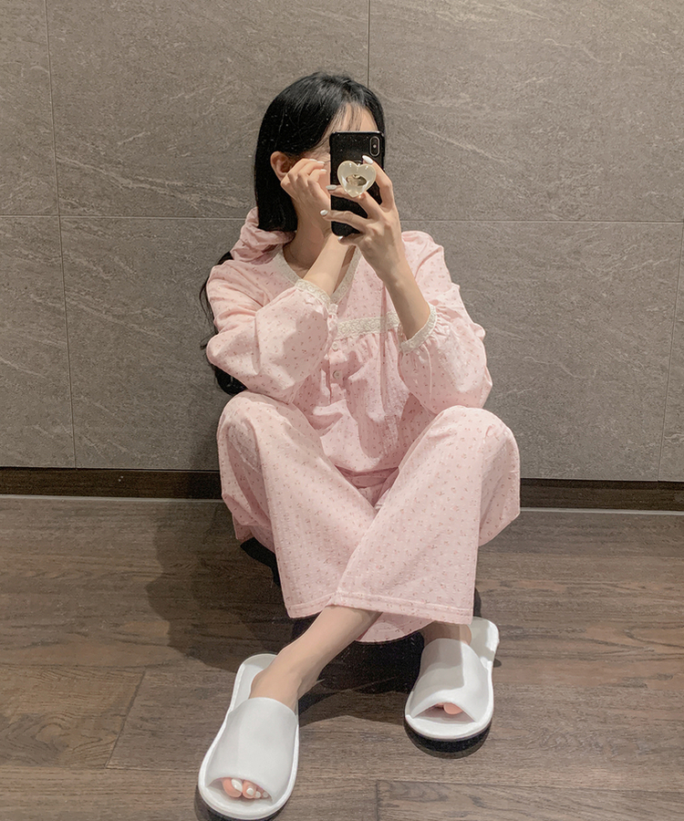 【SET】ピンクフラワーレースパジャマ ヘアシュシュ PINK