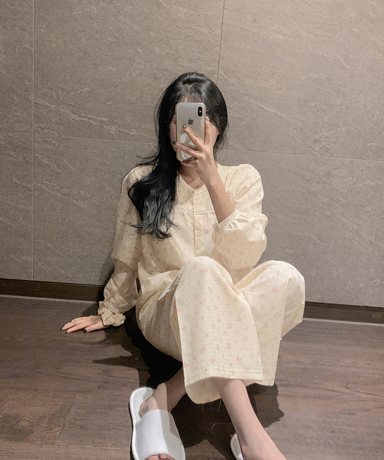 【SET】ピンクフラワーレースパジャマ ヘアシュシュ YELLOW
