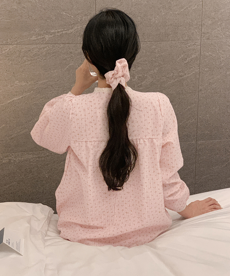 【SET】ピンクフラワーレースパジャマ ヘアシュシュ PINK