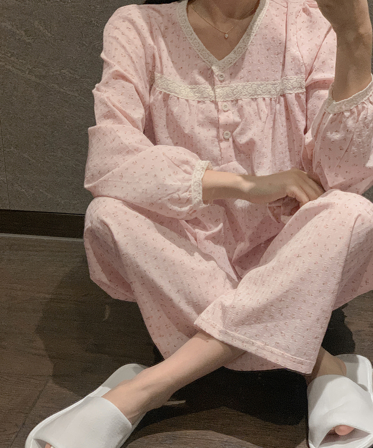 【SET】ピンクフラワーレースパジャマ ヘアシュシュ PINK
